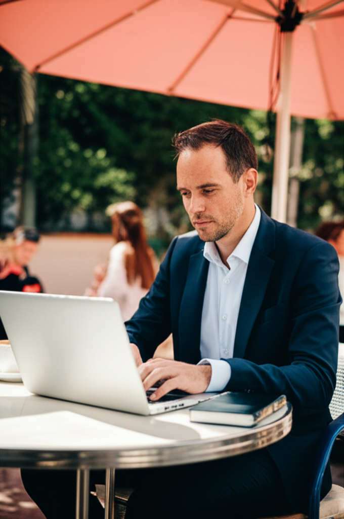 Homem trabalhando no laptop em café ao ar livre