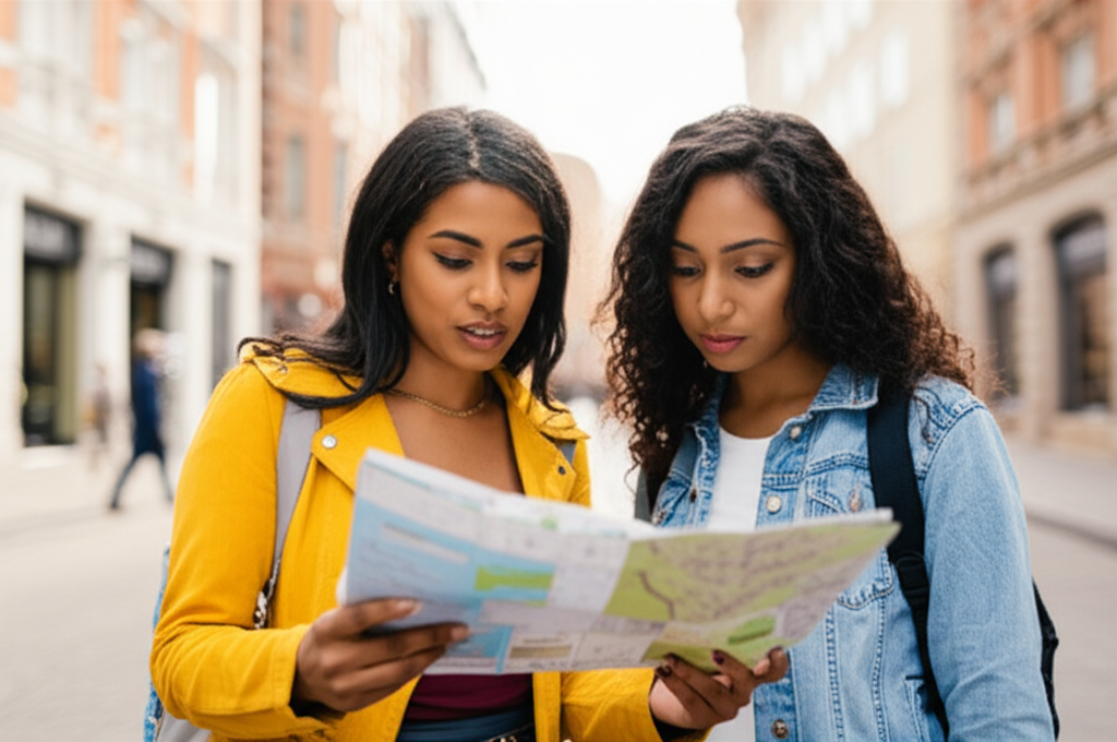 Duas mulheres jovens olhando mapa turístico na rua